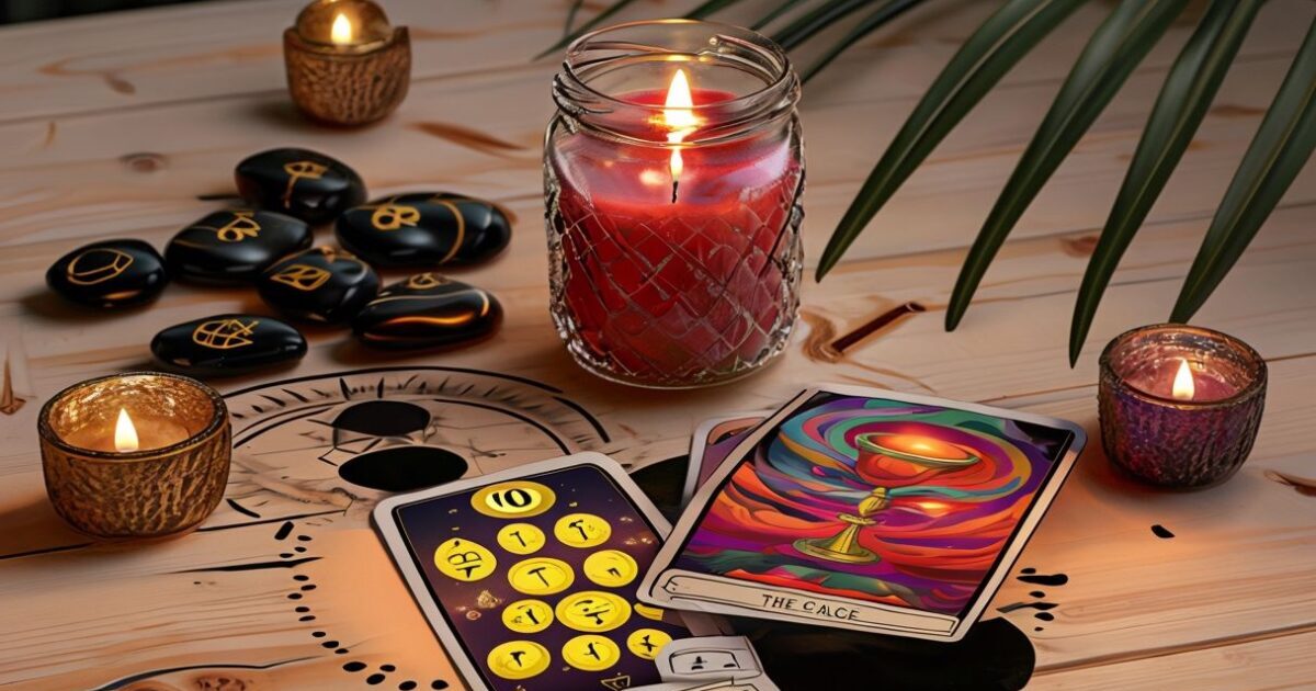 bougie rouge et des cartes de tarot